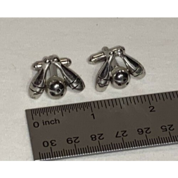 Men's Silvertone Bowling Ball & Pins Cufflinks Vintage Kingpin Dress Shirt - Picture 3 of 3